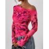imagePRETTYGARDEN Womens Fall Trendy Off Shoulder Y2k Tops 2025 Tie Dye Mesh Long Sleeve Shirts Asymmetrical Ruched Floral BlouseFloral Rose Red