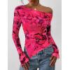 imagePRETTYGARDEN Womens Fall Trendy Off Shoulder Y2k Tops 2025 Tie Dye Mesh Long Sleeve Shirts Asymmetrical Ruched Floral BlouseFloral Rose Red