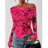 imagePRETTYGARDEN Womens Fall Trendy Off Shoulder Y2k Tops 2025 Tie Dye Mesh Long Sleeve Shirts Asymmetrical Ruched Floral BlouseFloral Rose Red