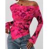 imagePRETTYGARDEN Womens Fall Trendy Off Shoulder Y2k Tops 2025 Tie Dye Mesh Long Sleeve Shirts Asymmetrical Ruched Floral BlouseFloral Rose Red
