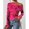 imagePRETTYGARDEN Womens Fall Trendy Off Shoulder Y2k Tops 2025 Tie Dye Mesh Long Sleeve Shirts Asymmetrical Ruched Floral BlouseFloral Rose Red