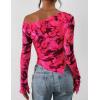 imagePRETTYGARDEN Womens Fall Trendy Off Shoulder Y2k Tops 2025 Tie Dye Mesh Long Sleeve Shirts Asymmetrical Ruched Floral BlouseFloral Rose Red