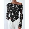 imagePRETTYGARDEN Womens Fall Trendy Off Shoulder Y2k Tops 2025 Tie Dye Mesh Long Sleeve Shirts Asymmetrical Ruched Floral BlouseSmall Dot Black