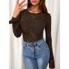 imagePRETTYGARDEN Womens Lace Long Bell Sleeve Tops 2025 Fall Sexy See Through Sheer Floral Blouse Shirt Fitted Going Out OutfitsBrown