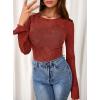imagePRETTYGARDEN Womens Lace Long Bell Sleeve Tops 2025 Fall Sexy See Through Sheer Floral Blouse Shirt Fitted Going Out OutfitsRed