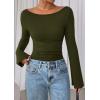 imagePRETTYGARDEN Womens Long Sleeve Shirts 2025 Fall Crop Going Out Tops Casual Boat Neck Bell Sleeve Ribbed Ruched Y2K ClothesArmy Green