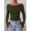 imagePRETTYGARDEN Womens Long Sleeve Shirts 2025 Fall Crop Going Out Tops Casual Boat Neck Bell Sleeve Ribbed Ruched Y2K ClothesArmy Green