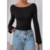 imagePRETTYGARDEN Womens Long Sleeve Shirts 2025 Fall Crop Going Out Tops Casual Boat Neck Bell Sleeve Ribbed Ruched Y2K ClothesBlack