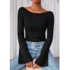 imagePRETTYGARDEN Womens Long Sleeve Shirts 2025 Fall Crop Going Out Tops Casual Boat Neck Bell Sleeve Ribbed Ruched Y2K ClothesBlack