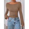 imagePRETTYGARDEN Womens Long Sleeve Shirts 2025 Fall Crop Going Out Tops Casual Boat Neck Bell Sleeve Ribbed Ruched Y2K ClothesLight Brown
