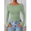 imagePRETTYGARDEN Womens Long Sleeve Shirts 2025 Fall Crop Going Out Tops Casual Boat Neck Bell Sleeve Ribbed Ruched Y2K ClothesLight Green