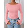 imagePRETTYGARDEN Womens Long Sleeve Shirts 2025 Fall Crop Going Out Tops Casual Boat Neck Bell Sleeve Ribbed Ruched Y2K ClothesPink
