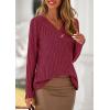imagePRETTYGARDEN Womens Long Sleeve Shirts 2025 Fall Fashion Clothes Casual Ribbed V Neck Loose Tunic Tops Lightweight SweatersBurgundy
