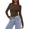 imagePRETTYGARDEN Womens Long Sleeve Shirts 2025 Ribbed Knit Slim Fitted Basic Tee Casual Going Out Tops Underscrubs Fall ClothingBrown