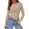 imagePRETTYGARDEN Womens Long Sleeve Shirts 2025 Ribbed Knit Slim Fitted Basic Tee Casual Going Out Tops Underscrubs Fall ClothingKhaki