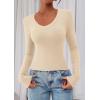 imagePRETTYGARDEN Womens Long Sleeve T Shirts 2025 Fall Trendy Deep V Neck Slim Fit Basic Crop Tops Casual Going Out TopBeige