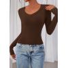 imagePRETTYGARDEN Womens Long Sleeve T Shirts 2025 Fall Trendy Deep V Neck Slim Fit Basic Crop Tops Casual Going Out TopBrown