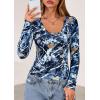 imagePRETTYGARDEN Womens Long Sleeve T Shirts 2025 Fall Trendy Deep V Neck Slim Fit Basic Crop Tops Casual Going Out TopDark Blue Floral