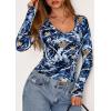 imagePRETTYGARDEN Womens Long Sleeve T Shirts 2025 Fall Trendy Deep V Neck Slim Fit Basic Crop Tops Casual Going Out TopDark Blue Floral