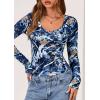 imagePRETTYGARDEN Womens Long Sleeve T Shirts 2025 Fall Trendy Deep V Neck Slim Fit Basic Crop Tops Casual Going Out TopDark Blue Floral