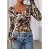 imagePRETTYGARDEN Womens Long Sleeve T Shirts 2025 Fall Trendy Deep V Neck Slim Fit Basic Crop Tops Casual Going Out TopKhaki Floral