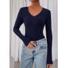 imagePRETTYGARDEN Womens Long Sleeve T Shirts 2025 Fall Trendy Deep V Neck Slim Fit Basic Crop Tops Casual Going Out TopNavy Blue