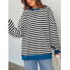 imagePRETTYGARDEN Womens Striped Oversized Sweatshirt Color Block Crew Neck Long Sleeve Casual Loose Pullover Top Y2K ClothesBlack White