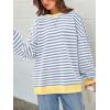 imagePRETTYGARDEN Womens Striped Oversized Sweatshirt Color Block Crew Neck Long Sleeve Casual Loose Pullover Top Y2K ClothesBlue Beige
