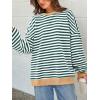 imagePRETTYGARDEN Womens Striped Oversized Sweatshirt Color Block Crew Neck Long Sleeve Casual Loose Pullover Top Y2K ClothesGreen White