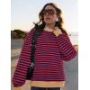 imagePRETTYGARDEN Womens Striped Oversized Sweatshirt Color Block Crew Neck Long Sleeve Casual Loose Pullover Top Y2K ClothesRed Navy