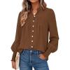 imagePRETTYGARDEN Fall Lantern Long Sleeve Shirts for Women 2025 Trendy Button Vneck Pullover Henley Tops Dressy Work BlousesBrown