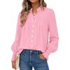 imagePRETTYGARDEN Fall Lantern Long Sleeve Shirts for Women 2025 Trendy Button Vneck Pullover Henley Tops Dressy Work BlousesPink