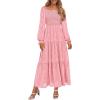 imagePRETTYGARDEN Fall Wedding Guest Dresses for Women 2025 Floral Long Sleeve Smocked Tiered Elegant Long Flowy Boho DressPink