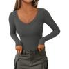 imagePRETTYGARDEN Long Sleeve Shirts for Women 2025 Fall Fashion V Neck Going Out Tops Slim Fit Basic Tees Y2K ClothesDark Grey