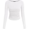 imagePRETTYGARDEN Long Sleeve Shirts for Women 2025 Fall Ruched Sides Boat Neck Basic Tee Casual Fitted Ribbed Knit Crop TopsWhite