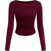 imagePRETTYGARDEN Long Sleeve Shirts for Women 2025 Fall Ruched Sides Boat Neck Basic Tee Casual Fitted Ribbed Knit Crop TopsWine Red