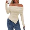 imagePRETTYGARDEN Off The Shoulder Tops for Women Fall Fashion 2025 Long Sleeve Shirts Going Out Slim Fitted Blouses Y2K ClothesBeige