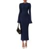 imagePRETTYGARDEN Sweater Dresses for Women 2025 Fall Bell Long Sleeve Crew Neck Bodycon Maxi Dress Winter Ribbed Knit OutfitsNavy Blue