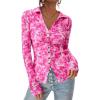 imagePRETTYGARDEN Women Button Down Floral Shirts 2025 Fall Trendy Long Sleeve V Neck Ruched Fitted Mesh Blouse Tops Date OutfitsRose Pink