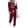 imagePRETTYGARDEN Women Fall 2 Piece Lounge Outfit Long Sleeve Tops High Waisted Jogger Pants Set Spring Travel Clothes TracksuitPatternedwine Red