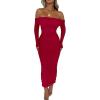 imagePRETTYGARDEN Womens Fall Off The Shoulder Maxi Dress Spring Long Sleeve Ruched Fitted Bodycon Club Dresses with SlitRed