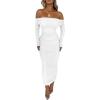imagePRETTYGARDEN Womens Fall Off The Shoulder Maxi Dress Spring Long Sleeve Ruched Fitted Bodycon Club Dresses with SlitWhite
