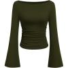 imagePRETTYGARDEN Womens Long Sleeve Shirts 2025 Fall Crop Going Out Tops Casual Boat Neck Bell Sleeve Ribbed Ruched Y2K ClothesArmy Green