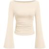 imagePRETTYGARDEN Womens Long Sleeve Shirts 2025 Fall Crop Going Out Tops Casual Boat Neck Bell Sleeve Ribbed Ruched Y2K ClothesBeige