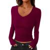 imagePRETTYGARDEN Womens Long Sleeve T Shirts 2025 Fall Trendy Deep V Neck Slim Fit Basic Crop Tops Casual Going Out TopWine Red