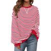 imagePRETTYGARDEN Womens Striped Oversized Sweatshirt Color Block Crew Neck Long Sleeve Casual Loose Pullover Top Y2K ClothesRed White