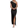 imagePRETTYGARDEN Womens Summer One Shoulder Long Formal Dresses Sleeveless Ruched Bodycon Wedding Guest Slit Maxi DressBlack