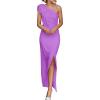 imagePRETTYGARDEN Womens Summer One Shoulder Long Formal Dresses Sleeveless Ruched Bodycon Wedding Guest Slit Maxi DressBright Purple