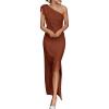 imagePRETTYGARDEN Womens Summer One Shoulder Long Formal Dresses Sleeveless Ruched Bodycon Wedding Guest Slit Maxi DressCoffee