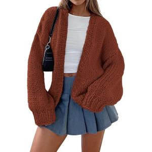 imagePRETTYGARDEN Cardigan Sweaters for Women Trendy Fall Fashion 2025 Long Sleeve Chunky Knit Cardigans Winter Clothing OutfitsBrown Red